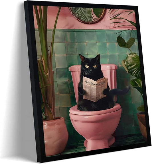Framed Vintage Cat Canvas Wall Art, Funny Pink Animal Reading Books Painting Picture Print, Cute Kitten Lovers Aesthetic Wall Decor for Nursery Girls Room Bedroom Kids Room 10''L x 8''W
