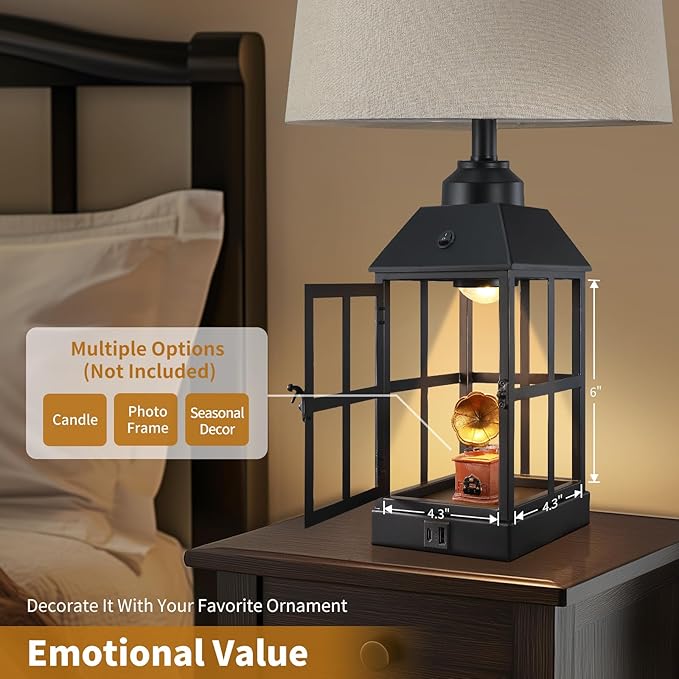 25" Farmhouse Table Lamps for Living Room, Black Lamps Set of 2 with USB Port and Nightlight, Rustic Table Lamp for Bedroom, Bedside Lamp for Nightstand, End Table, Home, Office, LED Bulbs Included