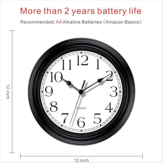 Foxtop Silent Non-Ticking Round Classic Clock Retro Quartz Decorative Battery Operated Wall Clock for Living Room Kitchen Home Office (12 Inch, Black)