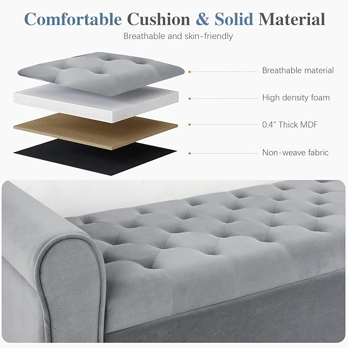 Storage Ottoman Bench with Arms, Velvet End of Bed Bench for Bedroom, Button Tufted Storage Bench for Entryway, Living Room,Hallway, Large Storage Bench Foot Rest (Dark Grey)