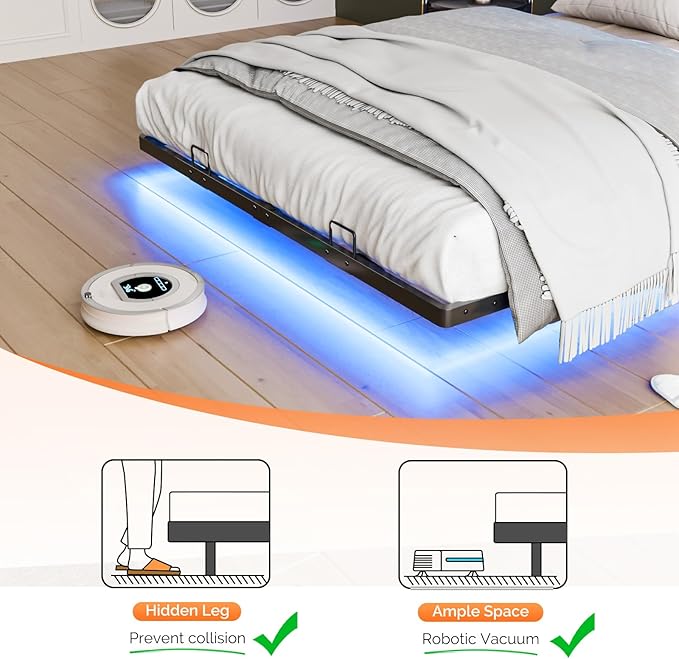 VINGLI Full Size Floating Bed Frame with Headboard, LED Lights & Charging Station, Cozy Velvet Upholstered Headboard, Hidden Storage, Heavy Duty Metal Frame, No Box Spring Needed, Easy Assembly, Black