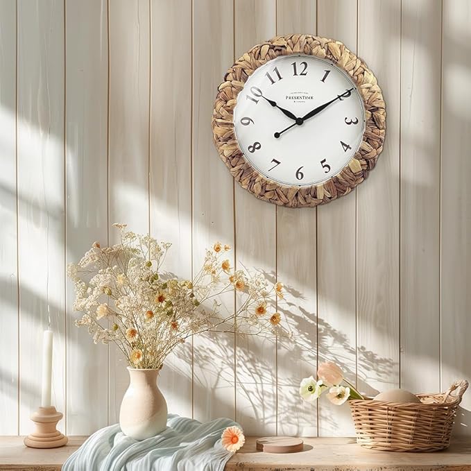 Presentime & Co. Farmhouse Series, Rustic Woven Clock, 14 inch, Natural Woven Water Hyacinth/Sea Grass. Wall Sculpture, Wall Art and Timepiece for Home Decoration/Decoration/Farmhouse Décor