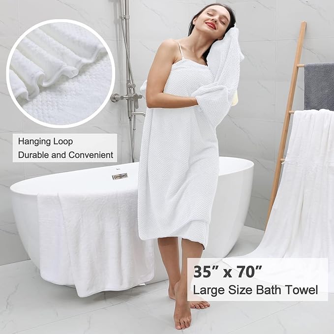8 Piece Large White Family Bath Towel Set-2 Oversized Bath Towel Sheets,2 Hand Towels,4 Washcloths-600GSM Soft Highly Absorbent Quick Dry Beach Chair Towels Woven Towels for Bathroom Hotel and Spa