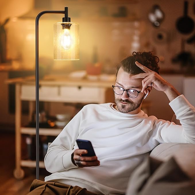 Floor Lamps for Living Room - Standing Lamp with Seeded Glass Shade, Modern Floor Lamp with LED Bulbs, Industrial Floor Lamp for Bedroom, Black Tall Lamp for Office(Light Bulb Included)