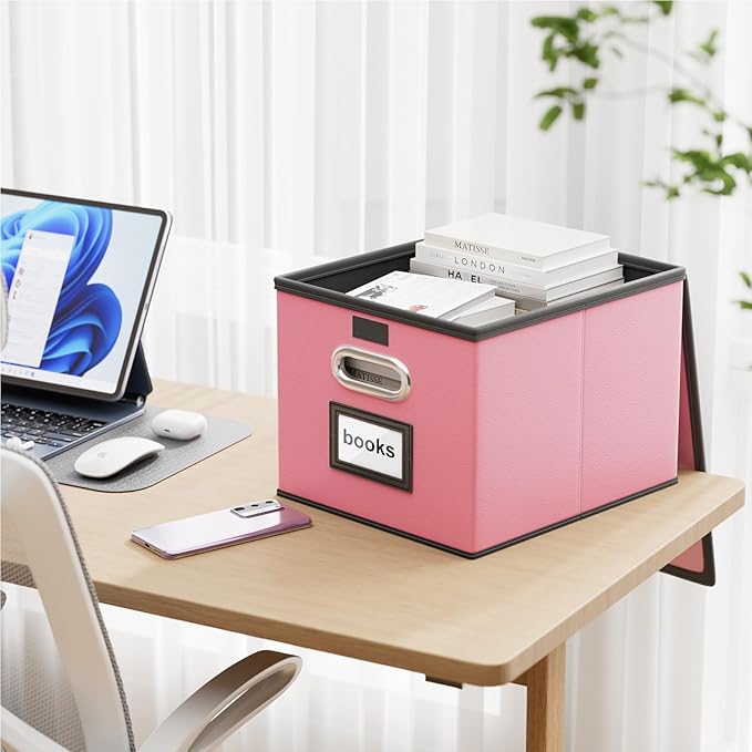 Huolewa Portable Leather File Organizer Boxes with Lids, Office Document Boxes Organizer, Filing Boxes, Decorative Small File Boxes for Hanging Files, File Cabinet for Office/Home - 4 Pack