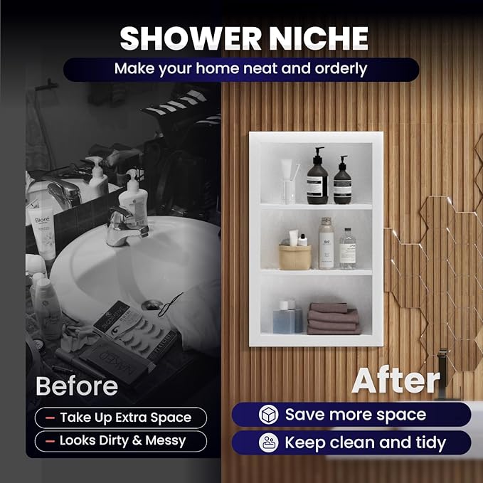 Stainless Steel Shower Niche 14" X 24"，3-Tier Shelf Niches Bathroom Shelf Recessed Wall Niche No Tile Needed Shower Shelf for Bathroom Storage (White, 14 x 24)