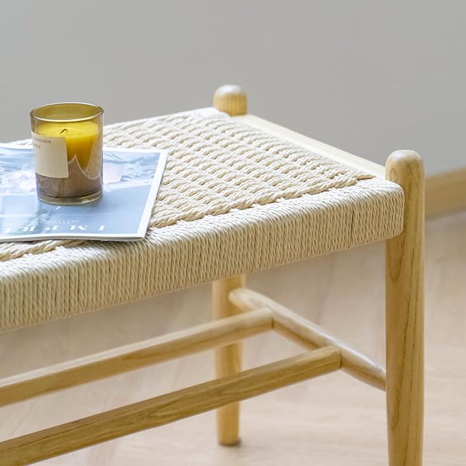 Solid Wood Entryway Bench with Shoe Storage, Rustic Oak and Woven Design 45 Inch Long Seating for Living and Dining Rooms, Natural