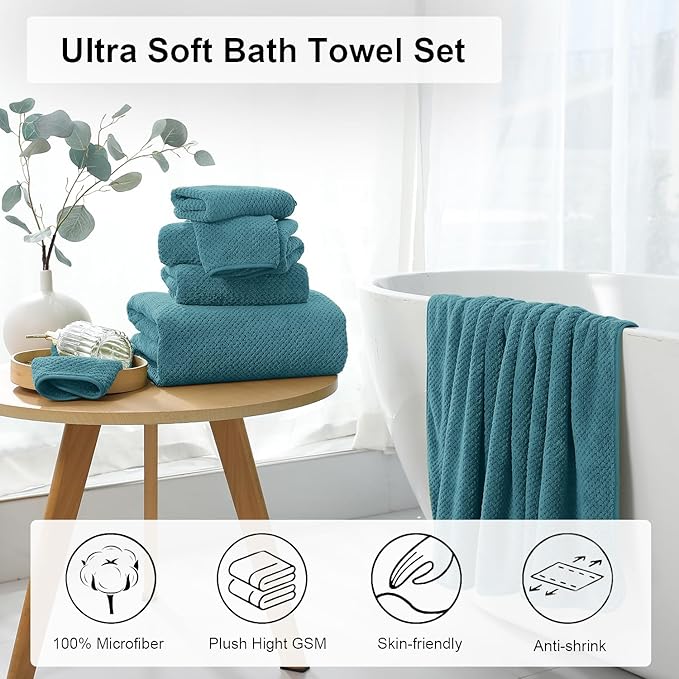 8 Piece Large Turquoise Family Bath Towel Set-2 Oversized Bath Towel Sheets,2 Hand Towels,4 Washcloths-600GSM Soft Highly Absorbent Quick Dry Beach Chair Towels Woven Towels for Bathroom Hotel and Spa