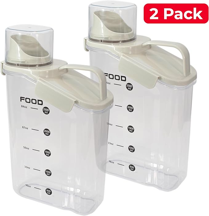 Two Pack Food & Cereal Storage Container - 2.6L Airtight Plastic Kitchen Organizer Bin with Pouring Spout, Measuring Cup Lid, Ideal for Dry Food, Rice, Sugar, Pet Food dispenser - BPA free