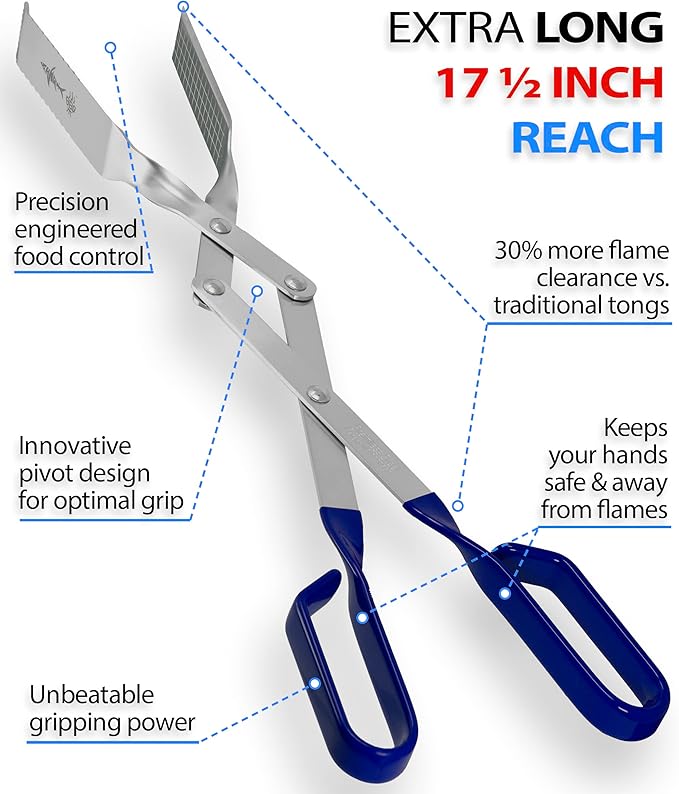 Shark BBQ Grill Tongs - 17 inch Blue. Professional kitchen and outdoor grilling utensil. Long reach Barbeque Grilling Tongs. Ideal for steak, fish, burger, and sausage