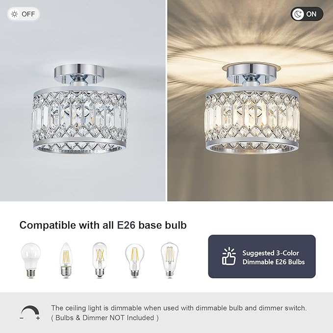 Crystal Chrome Ceiling Light, Modern Semi Flush Mount Ceiling Lighting Fixture, Round Hallway Lighting Fixtures for Entryway Kitchen Bedroom Laundry Room, 1-Light, 9 Inch