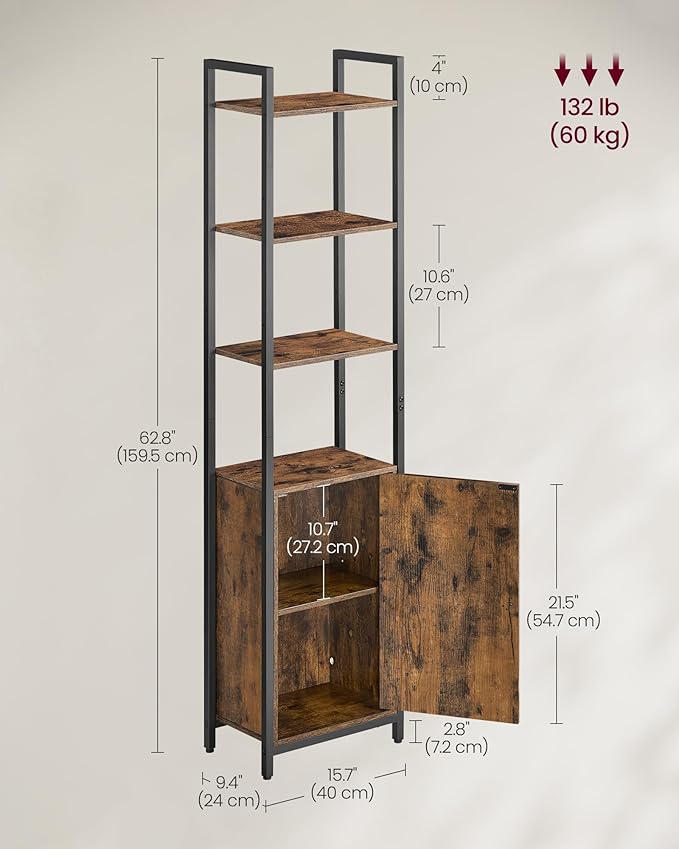 VASAGLE 6-Tier Bookshelf, Tall Bookcase with Cabinet, Steel Frame, Adjustable Shelves, 9.4 x 15.7 x 62.8 Inches, Living Room Bedroom, Rustic Brown and Ink Black ULLS132K01