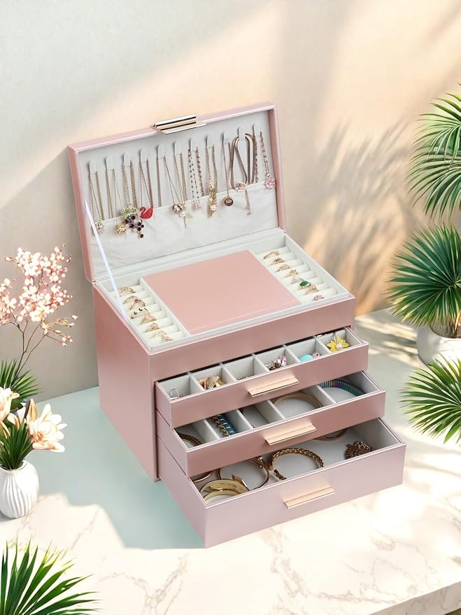 BOOVO Jewelry Boxes for Women, 5 Layer Jewelry Organizer with Necklace Hanger and Drawers, Large Jewelry Box for Earrings, Necklace and Bracelet Storage Gifts for Women and Girls (Rose Gold, 5 Layer)