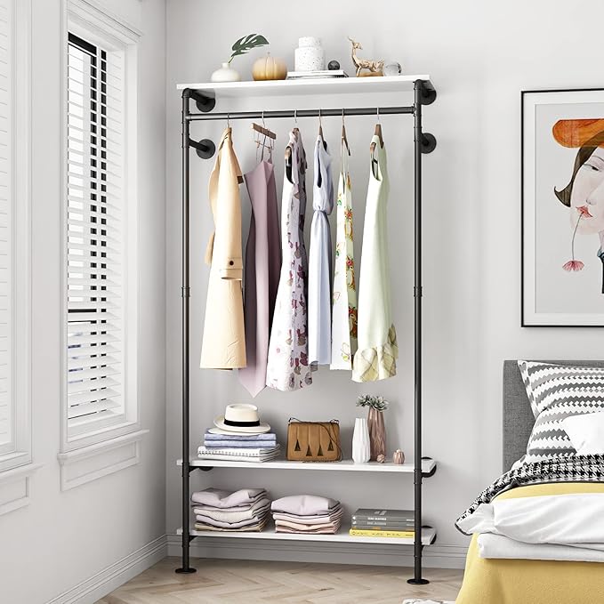 Industrial Pipe Clothing Racks with Shelves, Wall Mounted Clothes Rack for Hanging Rods, Heavy Duty Black Clothing Racks With Three Shelves Retail Display Garment Rack for Home