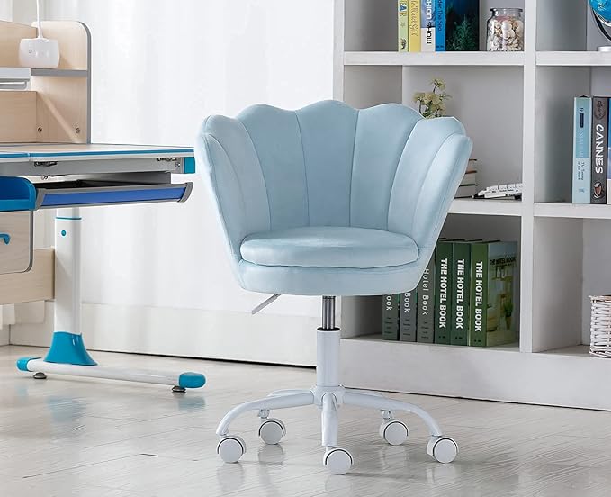 chairus Cute Kids Desk Chair Velvet Living Room Accent Armchair Upholstered Teens Vanity Chair with Seashell Back, Adjustable Swivel Children Study Chair for Computer Homework, Blue