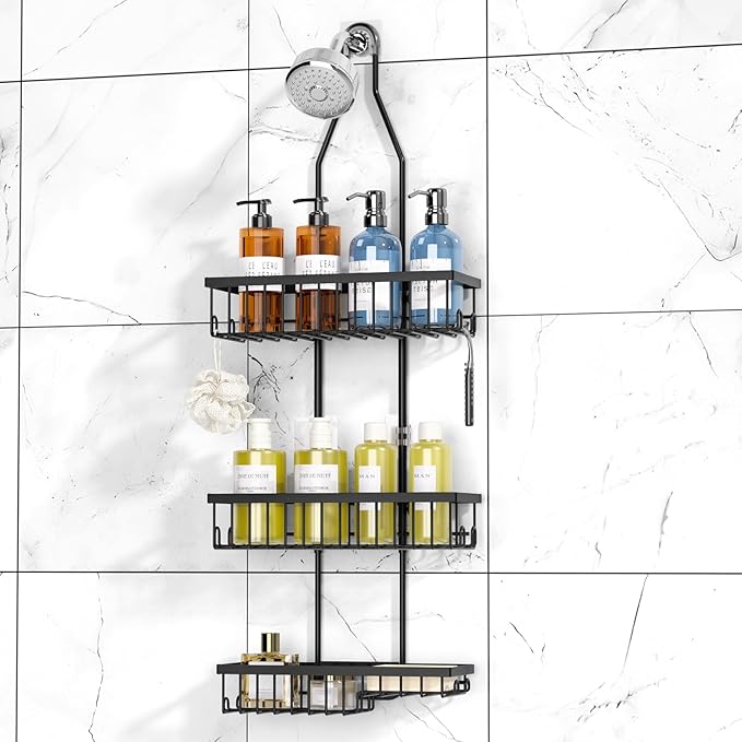 Shower Caddy Hanging,Triple Adjustable Shower Organizer,Extended Length shower rack with Soap Holder,Black