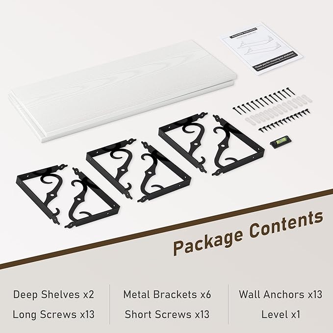 Deep Floating Shelves, 31" W x 12" D Wall Shelves Set of 2, Wide Display Shelf Wall Mounted with Brackets, Bookshelf for Living Room, Bathroom, Bedroom, White