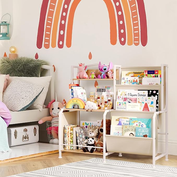 Kids Bookshelf and Toy Storage Organizer, 3 Tier Bookshelf for Kids Rooms, Nursery Book Shelves, Montessori Toddler Book Shelf, Baby Toy Shelf Kid Books Rack