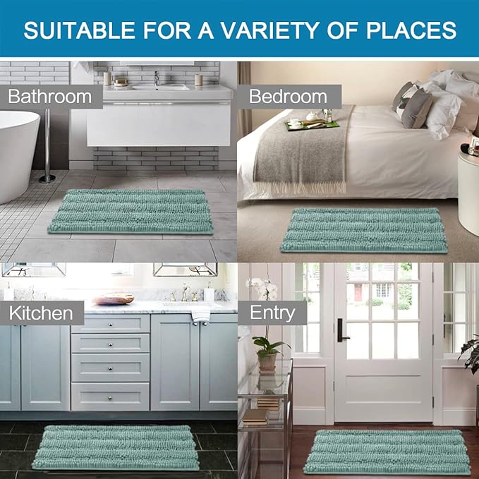 H.VERSAILTEX Bath Rugs for Bathroom Non Slip Bath Mats Extra Thick Chenille Striped Rug 20" x 32" Absorbent Non Skid Fluffy Soft Shaggy Washable Plush Mat for Indoor, Bath Room, Tub - Eggshell Blue