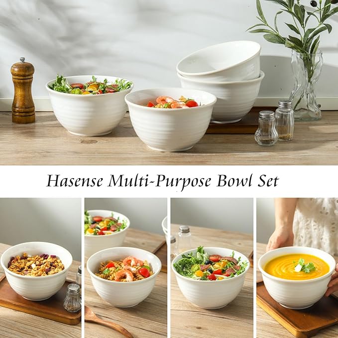 Hasense Soup Bowls, 40 Ounce Large Cereal Bowls for Kitchen, 7 Inch Ceramic Serving Dishes for Salad Pasta Oatmeal, Dishwasher and Microwave Safe, Clay-Infused White