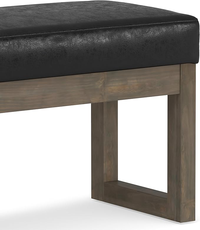 SIMPLIHOME Milltown 27 inch Wide Contemporary Rectangle Footstool Ottoman Bench in Distressed Black Vegan Faux Leather, Assembled, For the Living Room and Bedroom