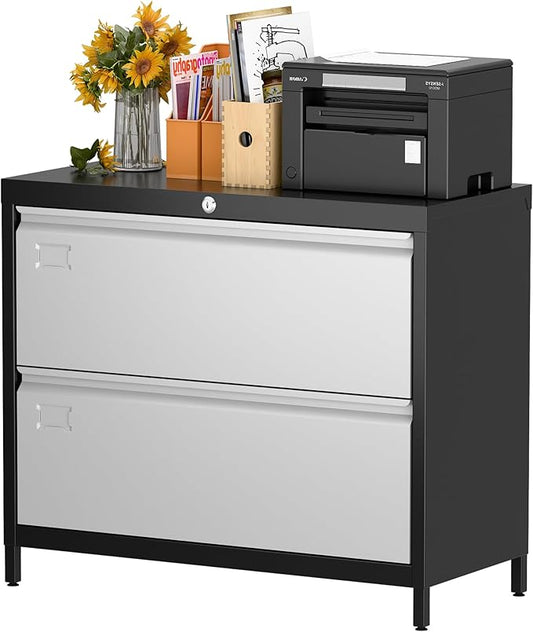 Metal Lateral File Cabinet with 2 Drawers, Wide Lateral Filing Cabinet with Lock for Hanging Files Letter/Legal/F4/A4 Size for Home Office School, Black and Grey, Assembly Required