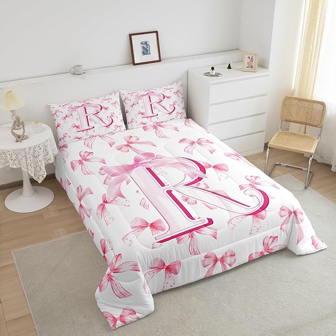 jejeloiu Kids Girls Cute Pink Bow Comforter Set King Size Monogrammed Bedding Set Ultra Soft Personalized Initial R Duvet Quilt Coquette Bow Knot Quilt Set Room Decor Modern Fashion Comforter