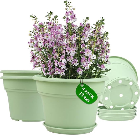 13 Inch Plastic-Flower-Pot-for-Indoor-Plants, 4 Pack Large Outdoor Planter Pot with Drainage Holes & Saucers, Resin Decorative Garden Pots Planters