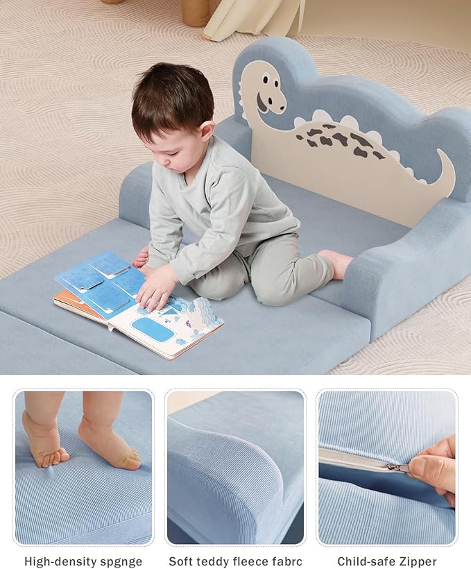 2-in-1 Kids Couch Fold Out, Convertible Toddler Couch to Lounger, Toddler Chair Comfy, Kids Sofa for Girls and Boys, Gift for Birthday, Children's Day, Dinosaur Blue