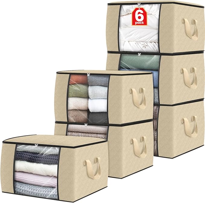 Fab totes 6 Pack Clothes Storage, Foldable Thick Fabric Blanket Storage Bags, Containers for Organizing Bedroom, Closet, Clothing, Comforter,Organization with Handle,Beige