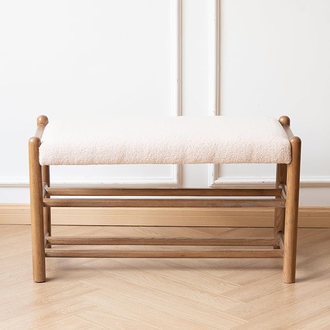 Solid Wood Entryway Bench with Shoe Storage, Rustic Oak Wood and Sherpa Fabric 31.5 Inch Long Seating for Living and Dining Rooms, 3-Tier White