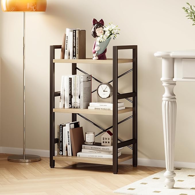Homeiju Bookshelf, 3 Tier Industrial Bookcase, Metal Small Bookcase, Rustic Etagere Book Shelf Storage Organizer for Living Room, Bedroom, and Home Office(Light Coffee) Patent Pending D29873033