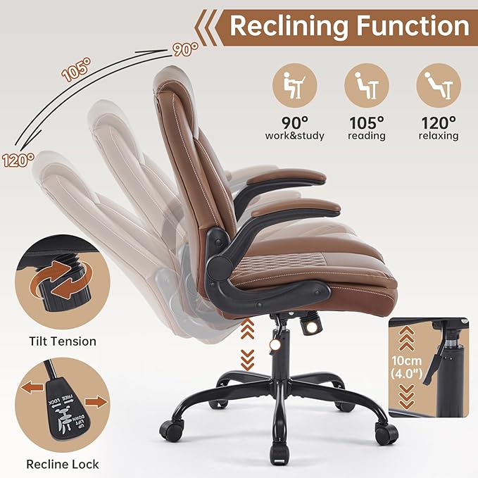 YFO Leather Office Ergonomic Home Office Desk Chair, Back Support Swivel Executive Office Chair with Wheels and Flip-Up Armrests, Small Gaming Chair with Adjustable Rocking Function, Brown