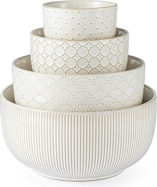 Mikiegy Ceramic Mixing Bowls Set of 4, Nesting Ceramic Embossment Stoneware Mixing Bowls for Cooking, Serving, Popcorn, Salad etc, Microwave & Dishwasher Safe, 20/44/98/145 oz, Off-White