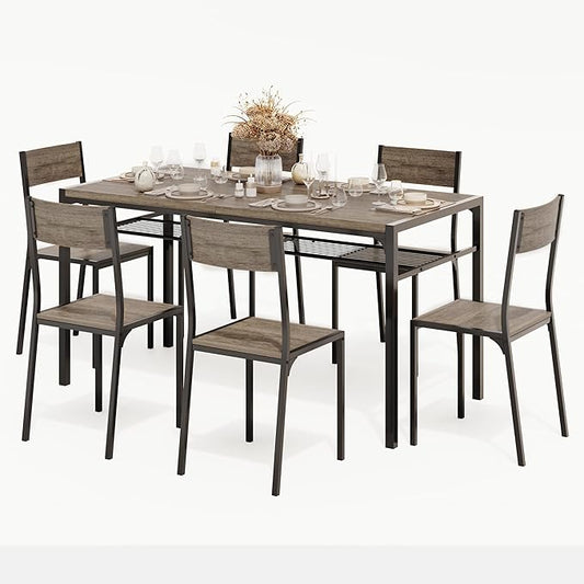 Gizoon Dining Table Set for 6 with Chairs, 7-Piece Kitchen Table Set for Small Space, Apartment, Kitchen, Dining Room, Space-Saving