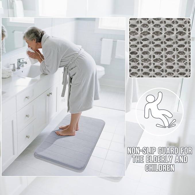 Yimobra Large Bath Mat 36"x24", Super Soft Quick Dry Memory Foam Bathroom Rug, Water Absorbent, Non Slip Backing Machine Washable for Tub Shower, Thick Comfort Support, Silver