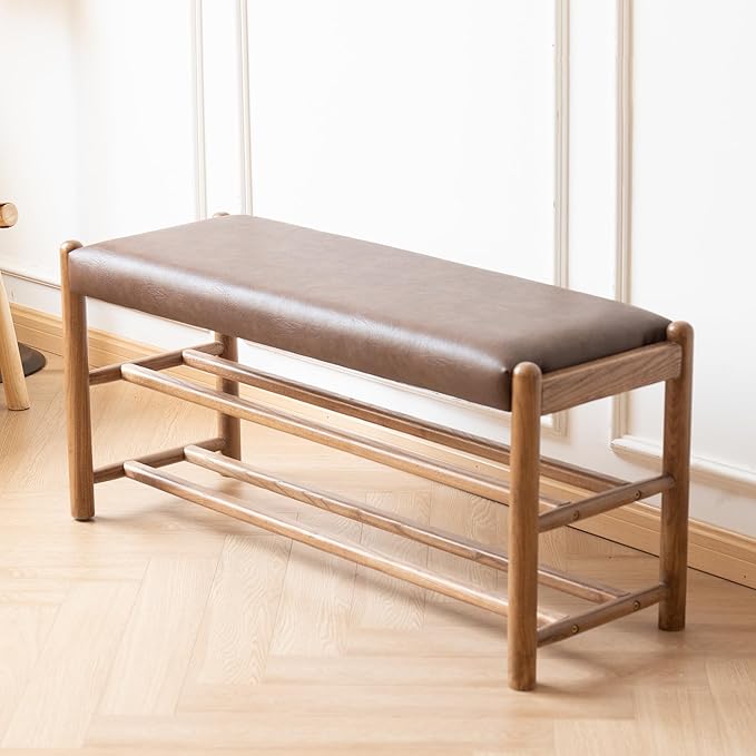Solid Wood Entryway Bench with Shoe Storage, Rustic Oak Wood and PU Leather 31.5 Inch Long Seating for Living and Dining Rooms, 3-Tier Brown
