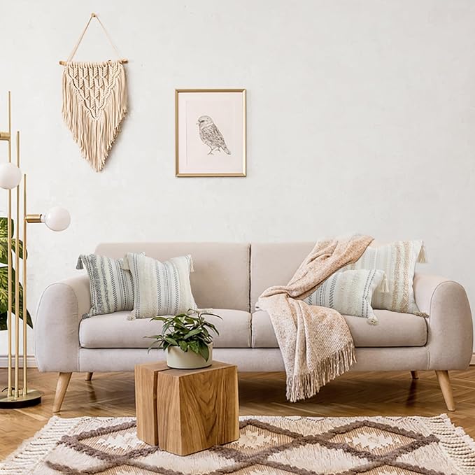 decorUhome Decorative Boho Throw Pillow Cover 20x20, Accent Neutral Textured Tufted Pillow Cover Striped for Couch Bed Sofa, Khaki and Cream White, Pack of 1