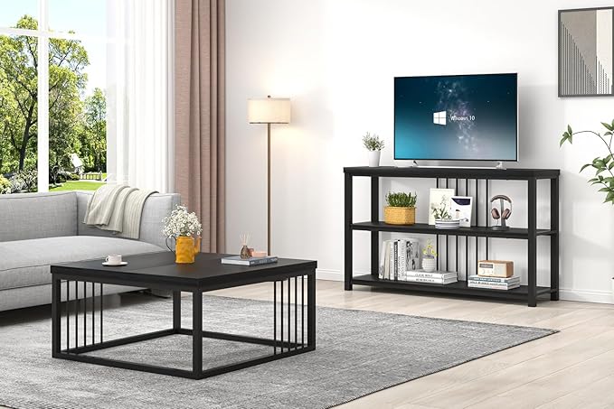 FOLUBAN Black Coffee Table, Modern Square Center Table for Living Room, Industrial Rustic Wood and Metal Cocktail Tea Table, 31.5 Inch