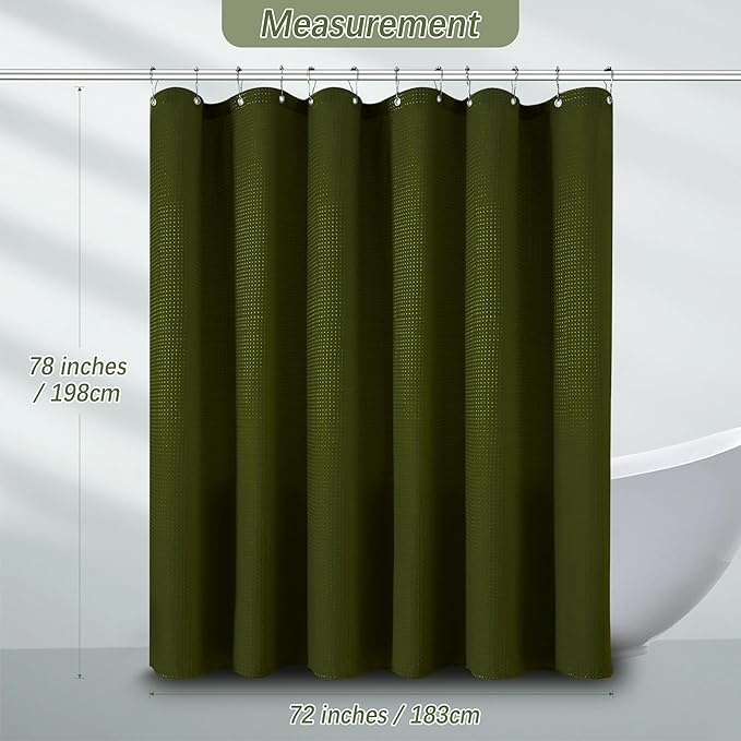 Long Waffle Army Green Shower Curtain, Heavy Duty Fabric Shower Curtain with Waffle Weave Hotel Quality Bathroom Shower Curtains, 72 x 78 Inches