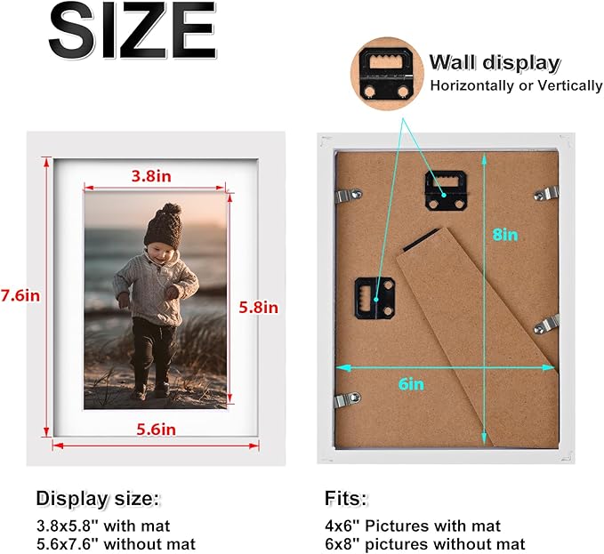 KINLINK 6x8 Picture Frame White, Solid Wood Frames with Acrylic Plexiglass for Pictures 4x6 with Mat or 6x8 without Mat, Tabletop and Wall Display Photo Frame, Set of 4