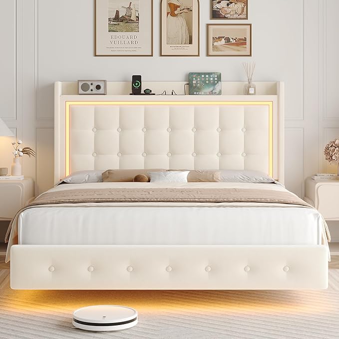 Keyluv Upholstered Full Floating Bed Frame with RGB LED Lights and Charging Station, Velvet Platform Bed with Button Tufted Storage Headboard, Type-C & USB Charging Ports, No Box Spring Needed, Beige