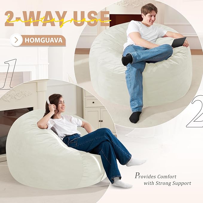 Homguava 3FT Bean Bag Chair: 3' Bean Bags with Memory Foam Filled, Large Beanbag Chairs Soft Sofa with Dutch Velet Cover-Beige