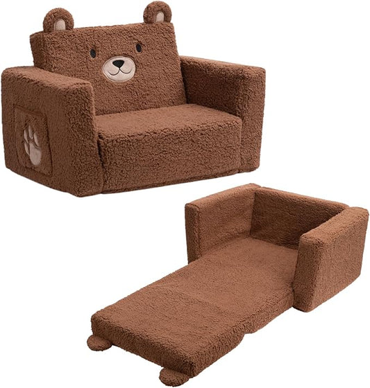 ALIMORDEN 2-in-1 Flip Out Cuddly Sherpa Toddler Couch, Convertible Sofa to Lounger, Bear
