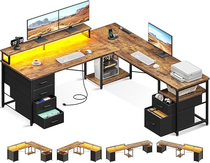 Casaottima 66" L Shaped Desk, Reversible Computer Desk with File Cabinet & 4 Fabric Drawers, Two Person Desk with LED Lights & Power Outlet, Corner Home Office Desk with Monitor Shelf, Vintage