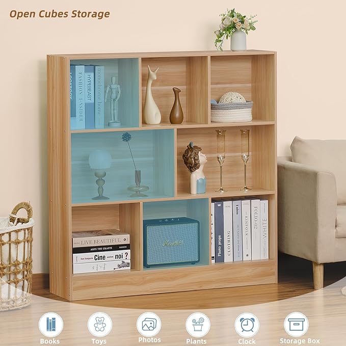 LEYAOYAO 8 Cube Bookshelf with Base,3 Tier Mid-Century Modern Natural Bookcase,Standing Wide Bookshelves Storage Organizer Shelf,Rustic Wood Display Cabinet Book Shelves for Bedroom,Living Room,Office