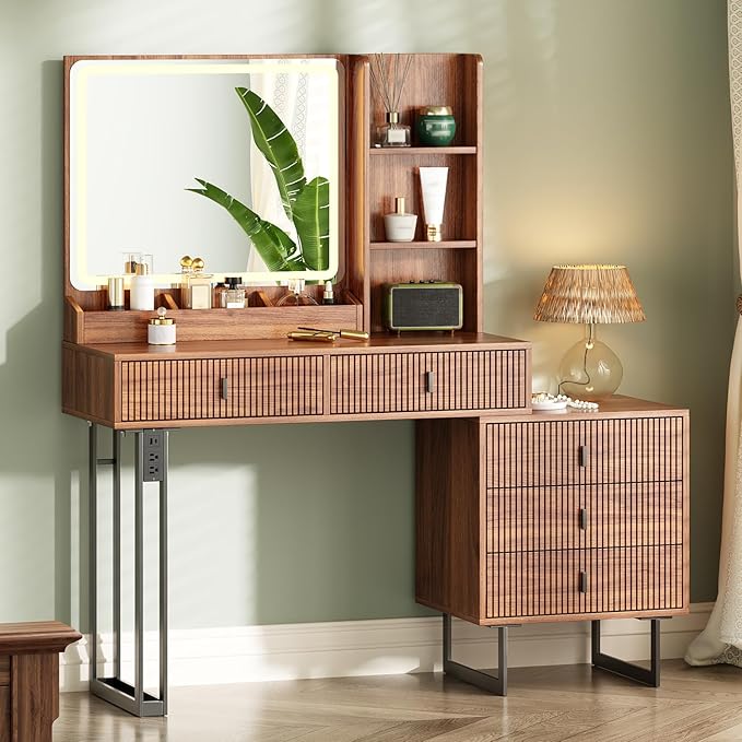 Large Vanity Desk with 3 Color Touch Screen Dimming Mirror, Vanity Desk with Charging Station, Modern Retractable Makeup Dressing Table, Makeup Table With storage shelves and 5 Sliding Drawers, Walnut