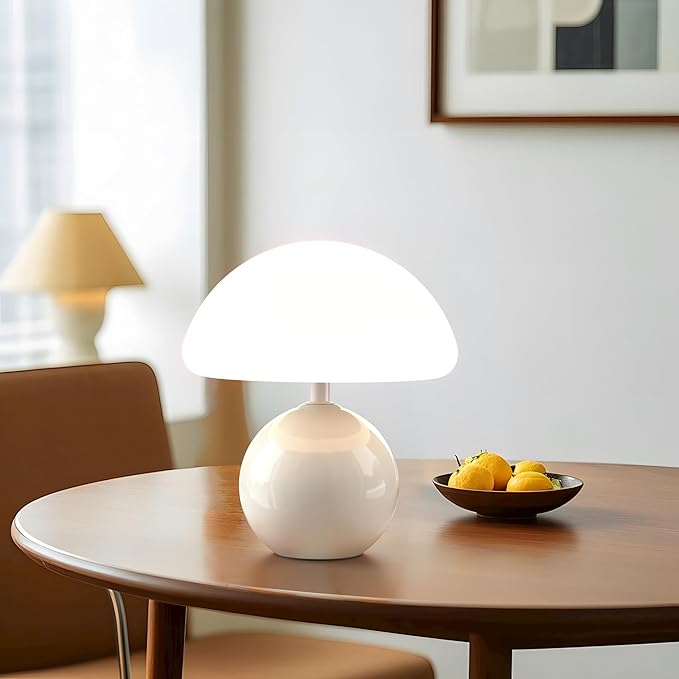 Ceramic Mushroom Lamp, Cute Mini Bedside Lamp for Aesthetic Room Decor, Dimmable Small Glass Night Light for Bedroom Living Room, Vintage Unique Table Lamp for Nightstand, White Mushroom Light