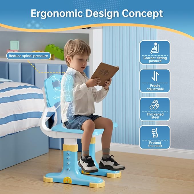 Kids Desk and Chair Set, Height Adjustable Child's School Study Writing Tables, Kids Desk with Bookstand and Storage Drawer, Widened Desktop with Desktop for Boys and Girls