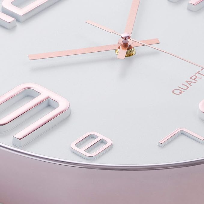 Bernhard Products Rose Gold Wall Clock 12 Inch Silent Non-Ticking Quality Quartz Battery Operated Easy to Read Decorative Modern Design for Home/Office/Kitchen/Bedroom/Living Room (Rose Gold & White)